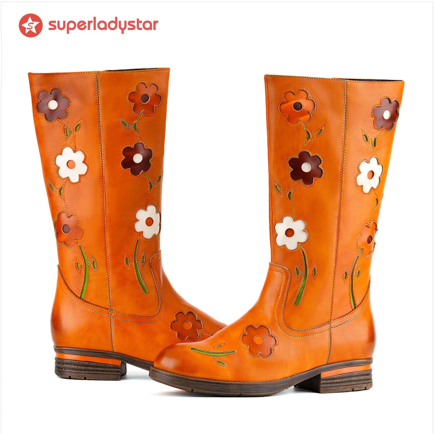 Retro Floral Leather Flat Tall Boots