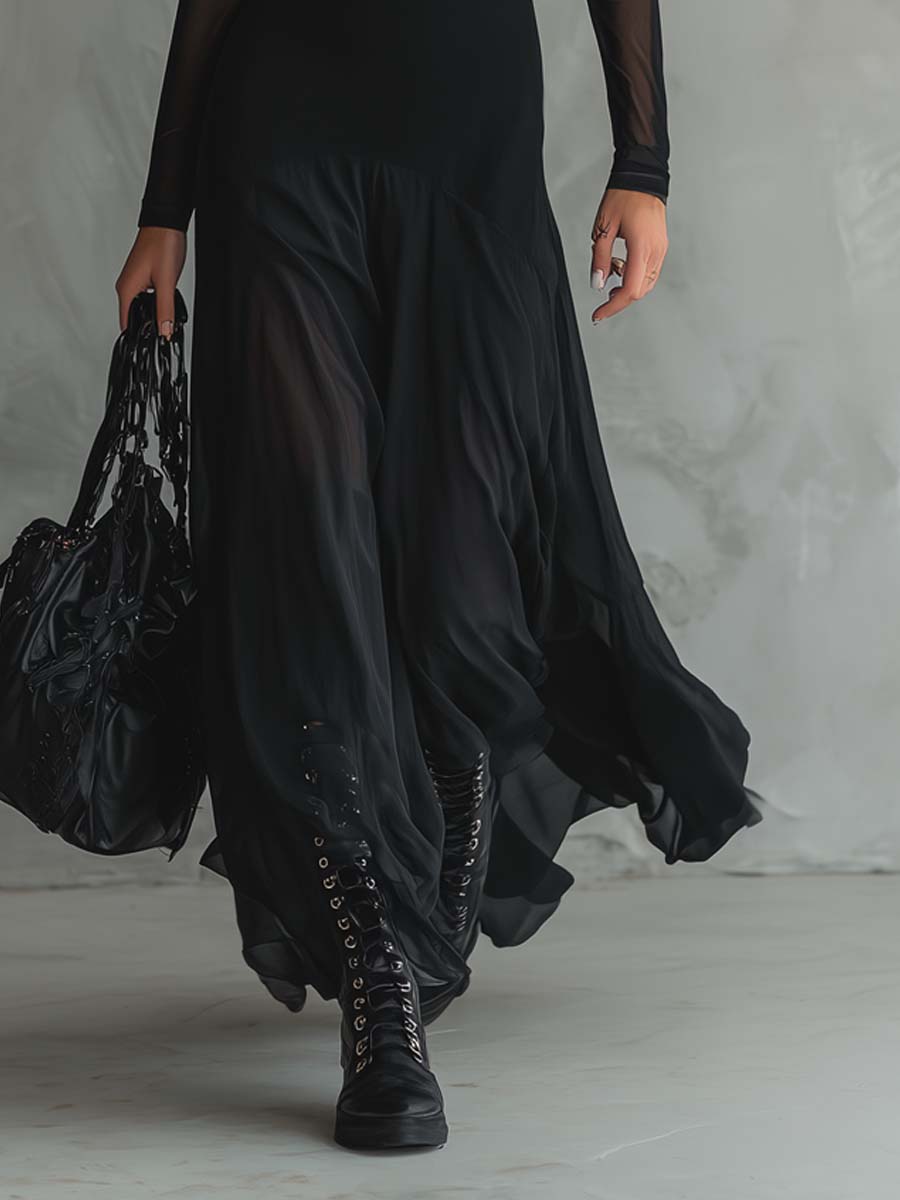 Elena | Black Maxi Dress With Transparent Sleeves