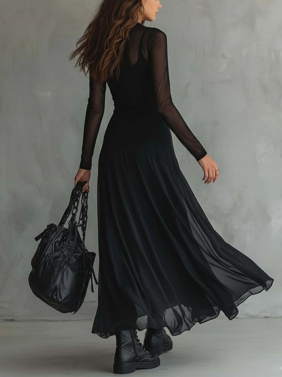 Elena | Black Maxi Dress With Transparent Sleeves