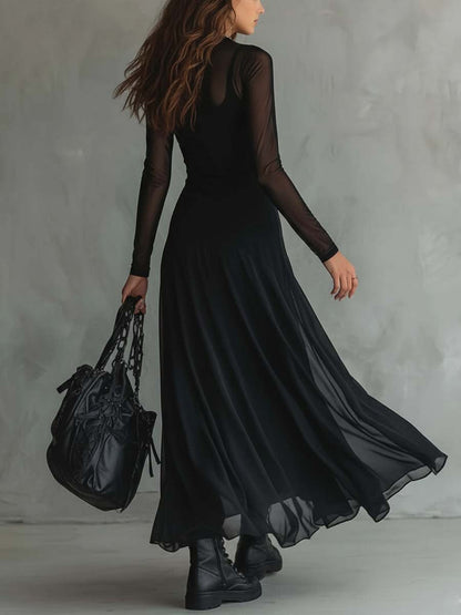 Elena | Black Maxi Dress With Transparent Sleeves