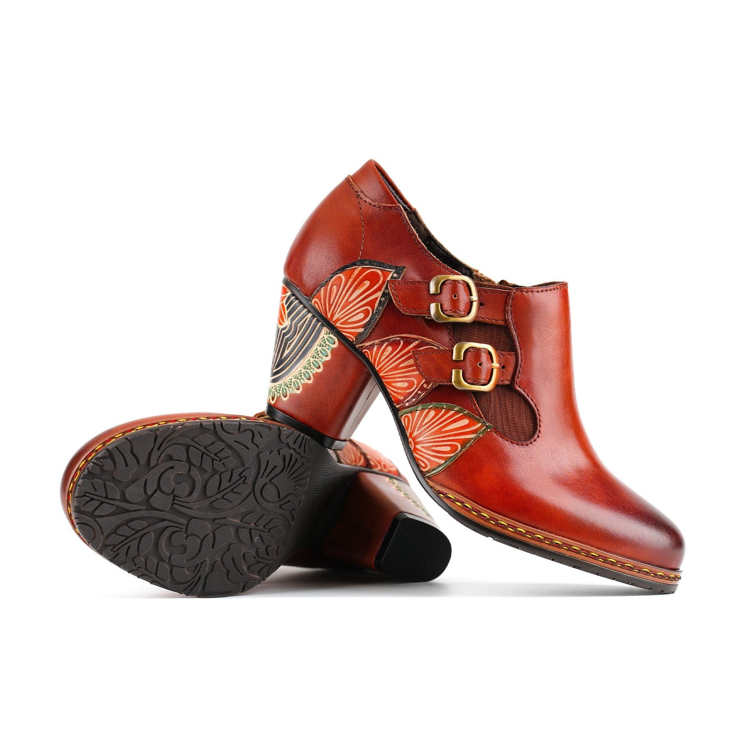 Retro Pattern Leather Zipper Pumps