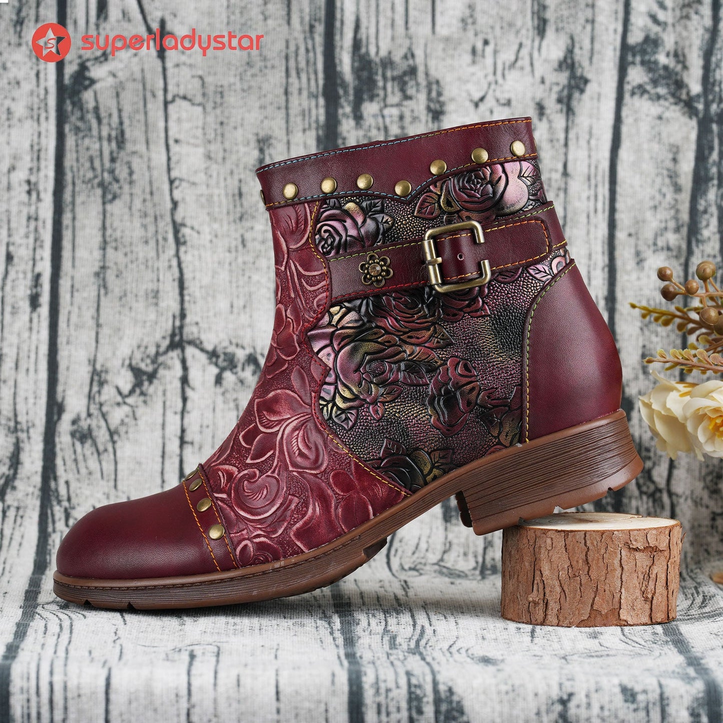 Crimson Rose Embossed Ankle Boots