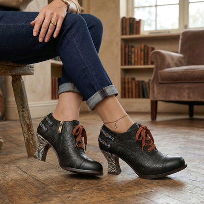 Floral Embossed Lace-Up Heels