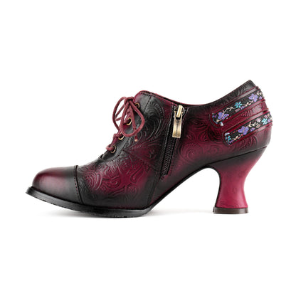 Floral Embossed Lace-Up Heels
