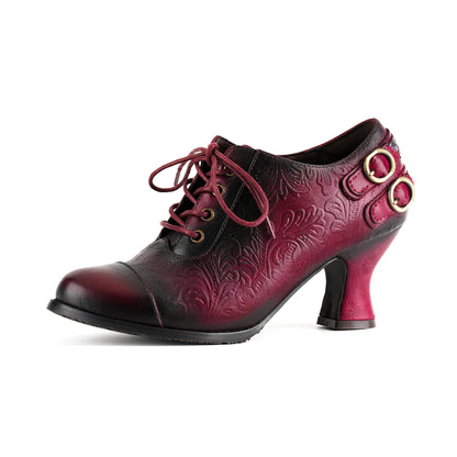 Floral Embossed Lace-Up Heels
