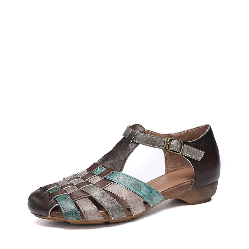 Vintage Woven Leather T-Strap Flat Sandals