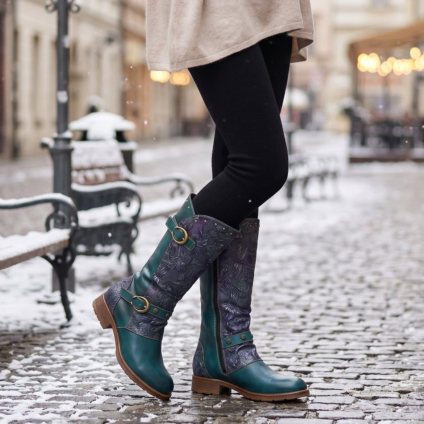 Retro Painted Buckle Flat Tall Boots