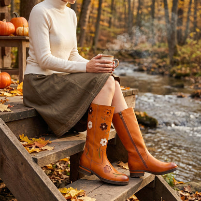 Retro Floral Leather Flat Tall Boots