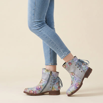 Retro Leather Blossom Casual Comfort Ankle Boots