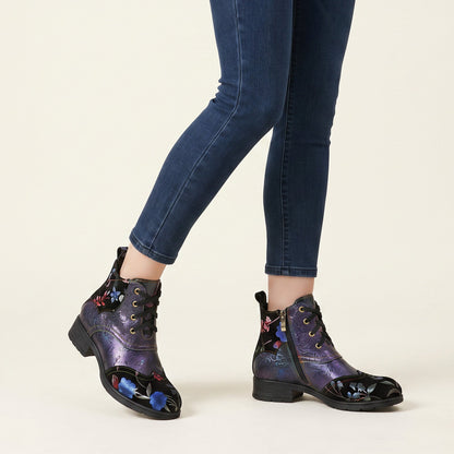Genuine Leather Embossed Comfy Ankle Boots