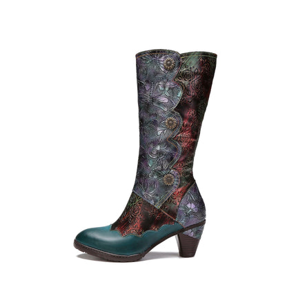 Warm Embossed Real Leather Button Boots