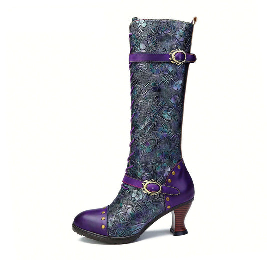 Warm Embossed Real Leather Dragonfly Boots