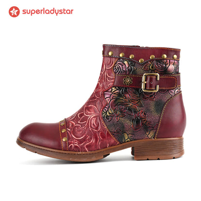 Crimson Rose Embossed Ankle Boots