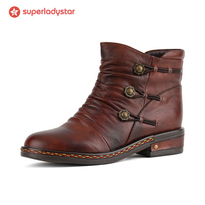 Retro Charm Leather Flat Ankle Boots