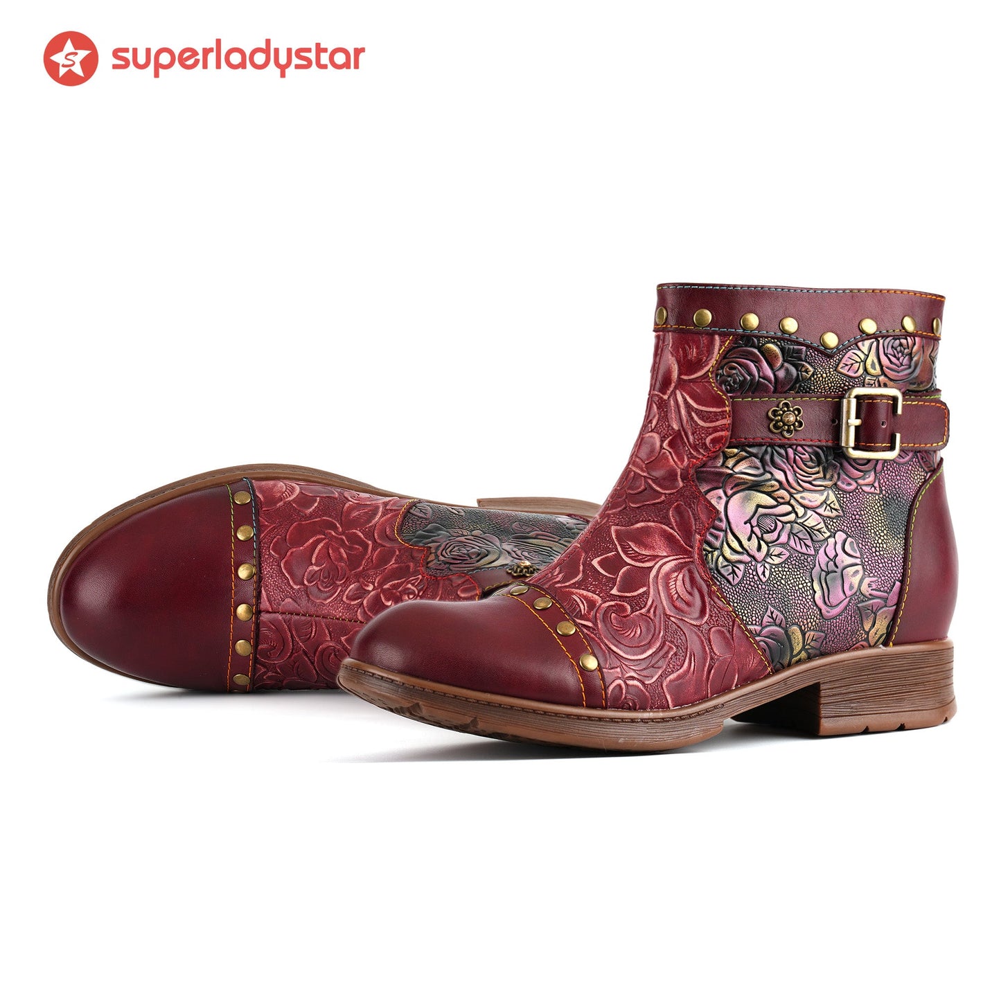 Crimson Rose Embossed Ankle Boots