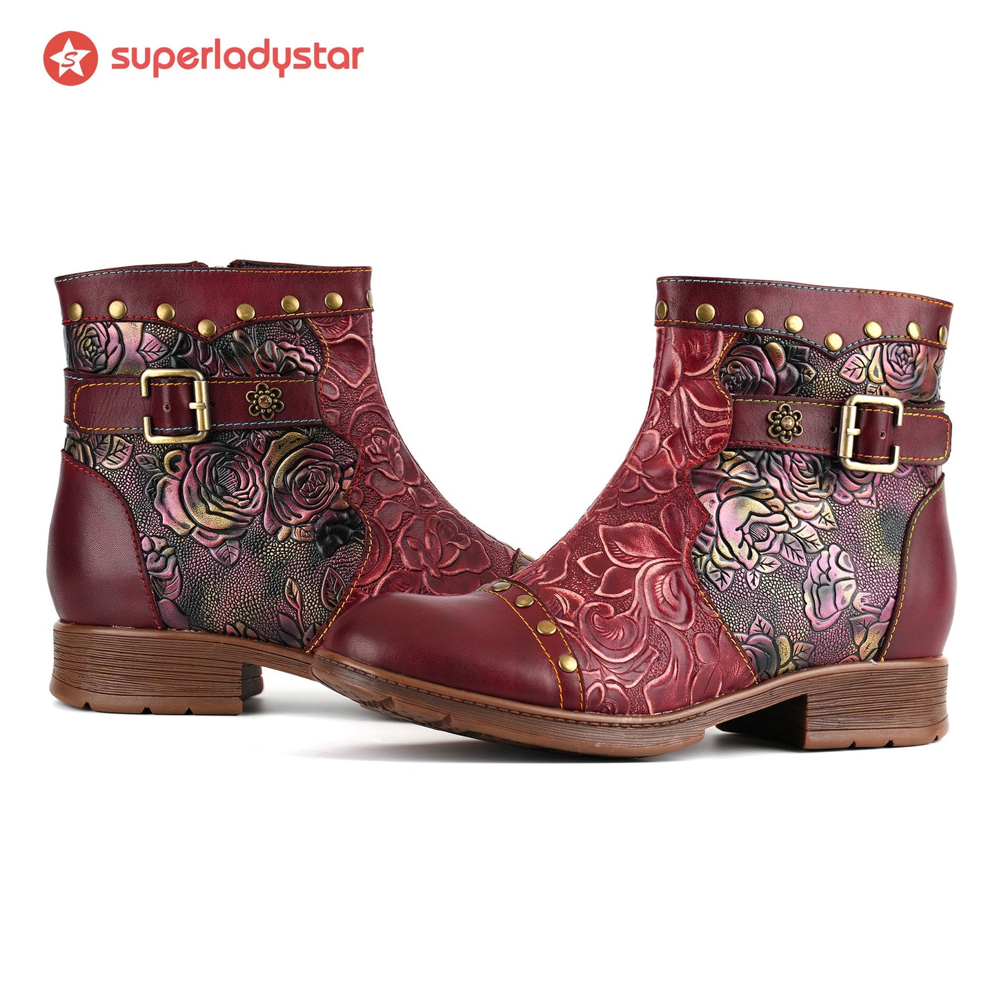Crimson Rose Embossed Ankle Boots