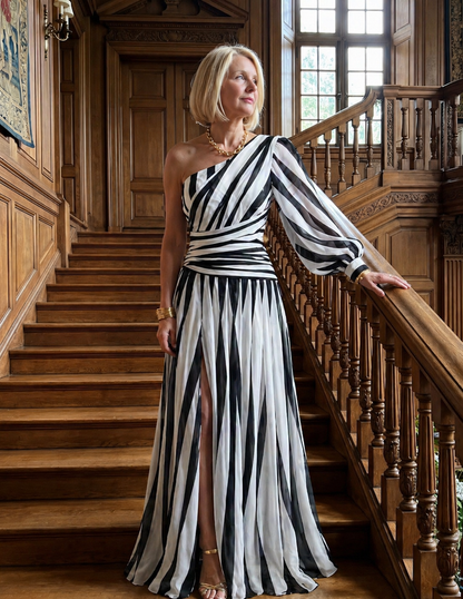 Ellis & Johnson™ | Elegant Striped Maxi Dress with One Shoulder