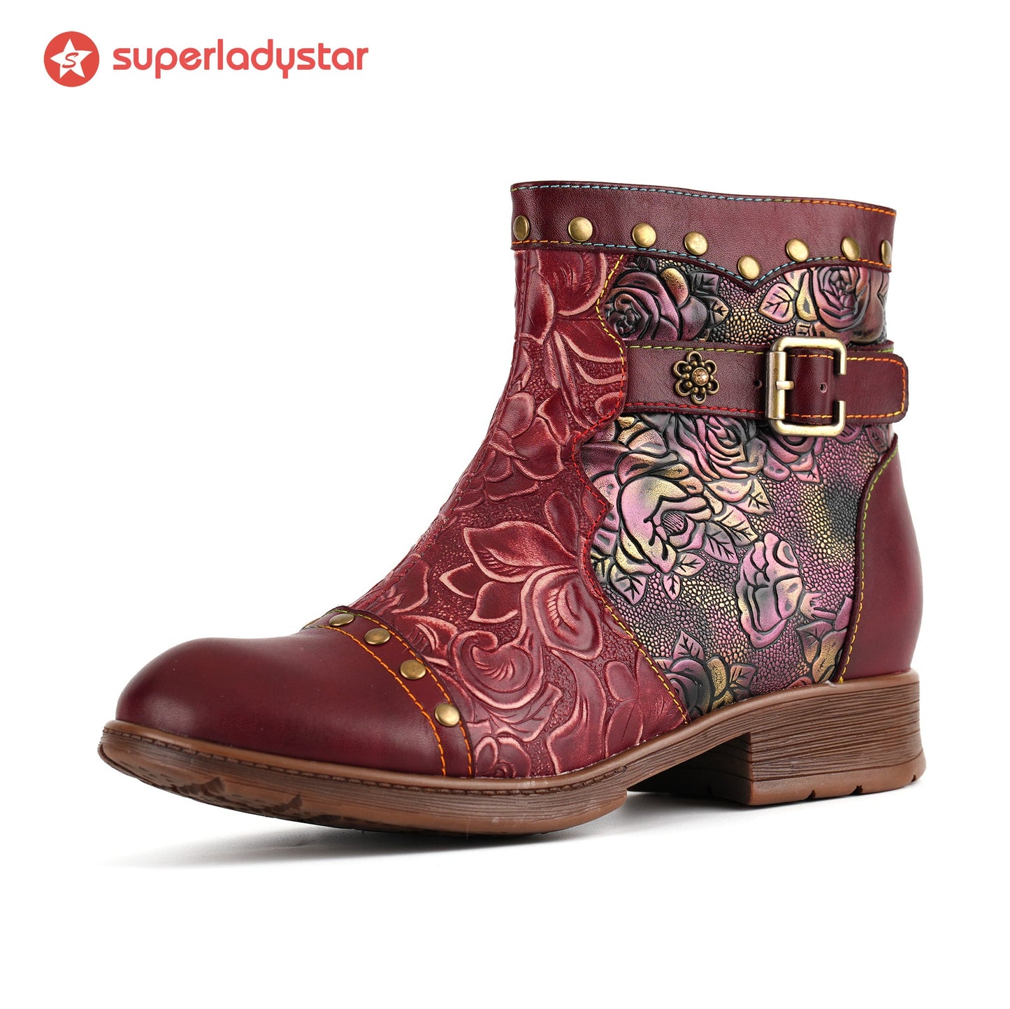 Crimson Rose Embossed Ankle Boots