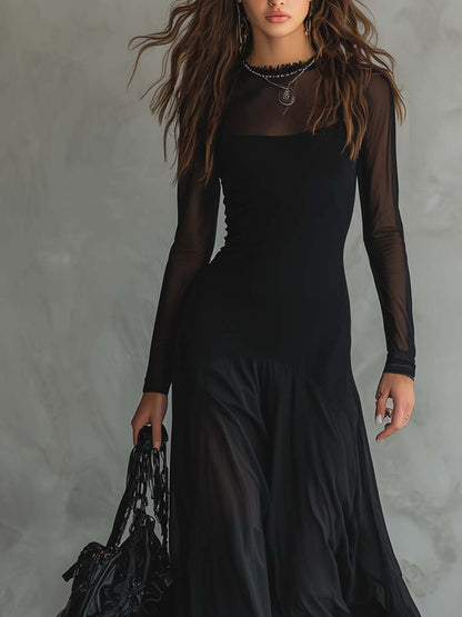 Elena | Black Maxi Dress With Transparent Sleeves