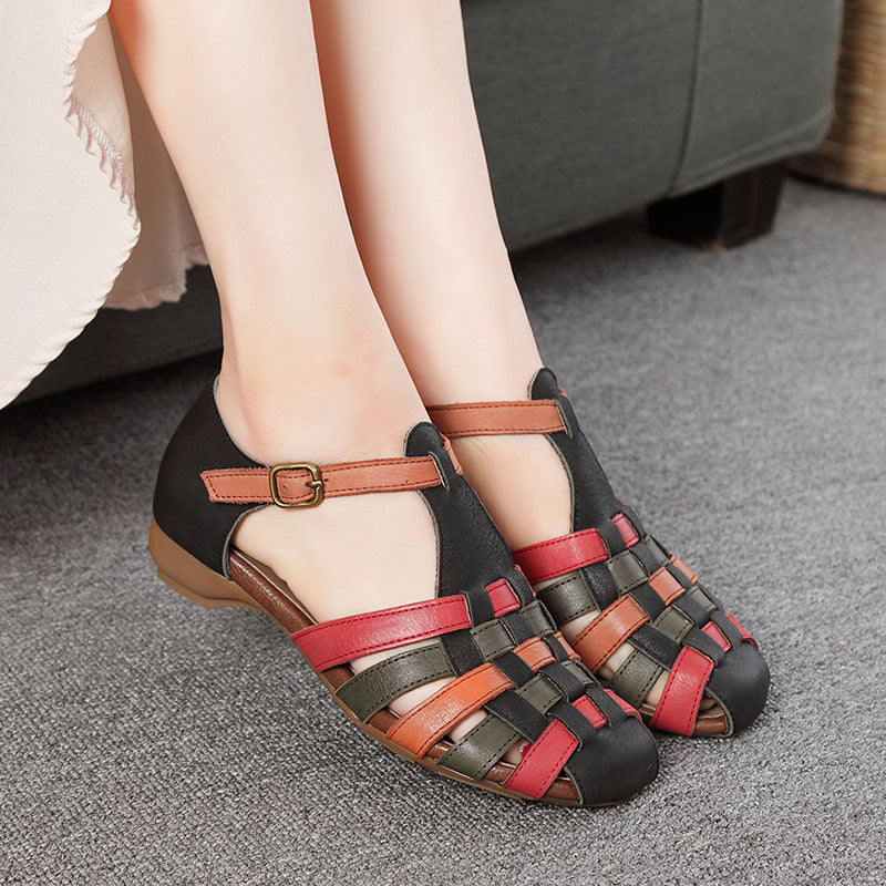 Vintage Woven Leather T-Strap Flat Sandals