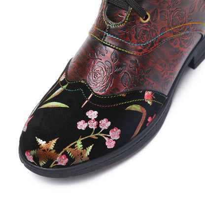 Genuine Leather Embossed Comfy Ankle Boots