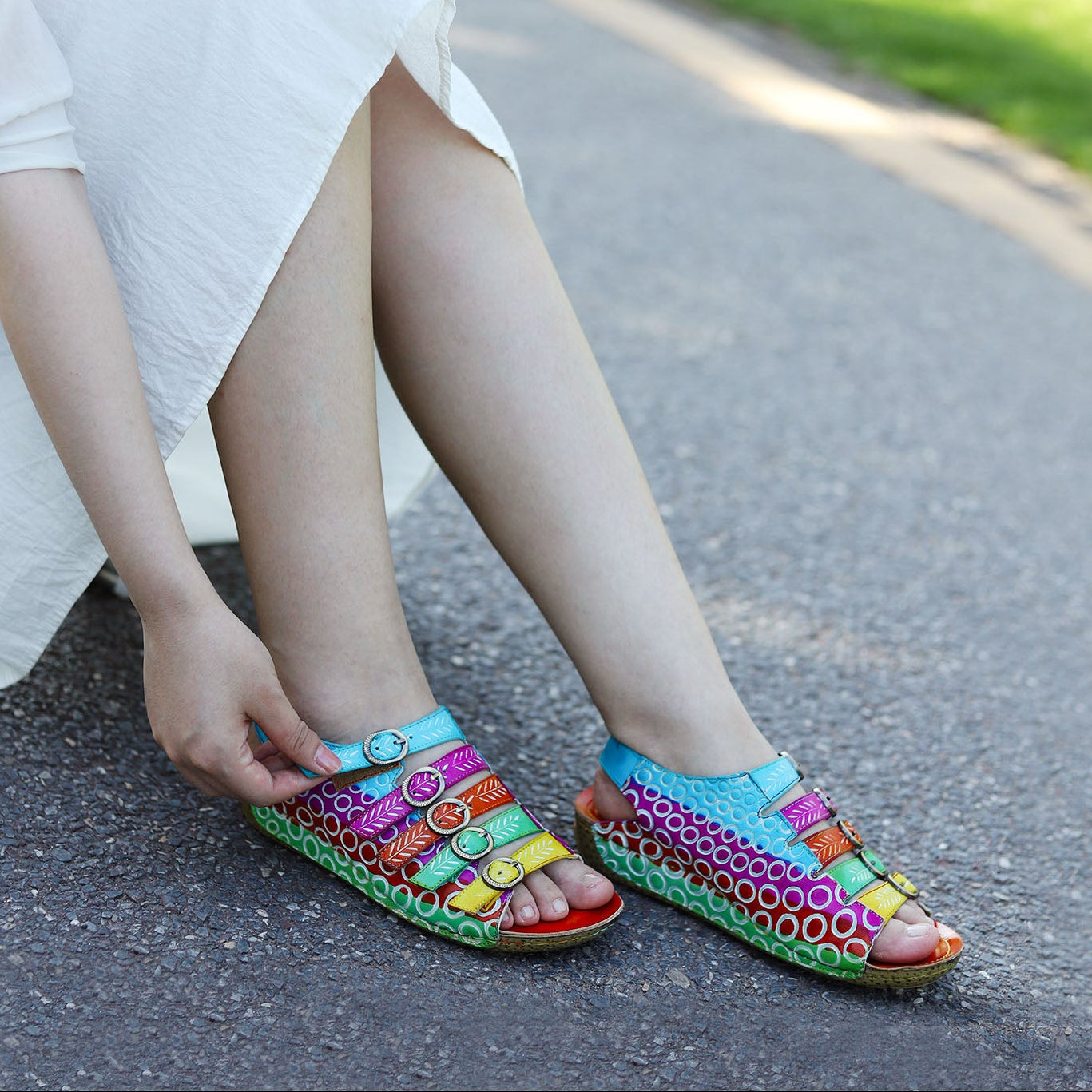 Colorful Floral Embossed Leather Sandals