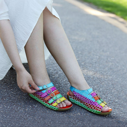 Colorful Floral Embossed Leather Sandals
