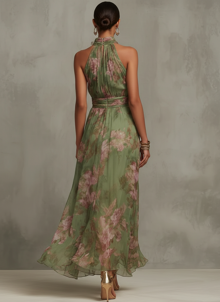 Serena™ Long Floral Green Chiffon Dress