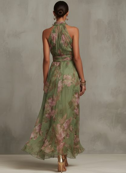 Serena™ Long Floral Green Chiffon Dress