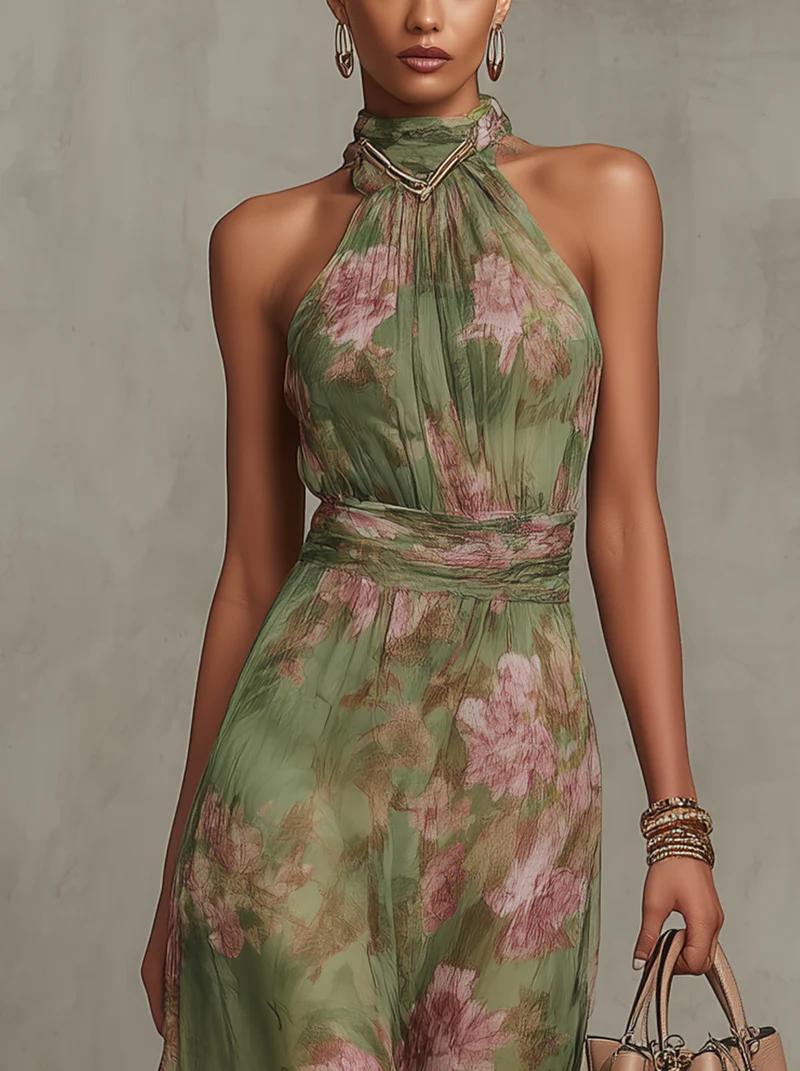 Serena™ Long Floral Green Chiffon Dress