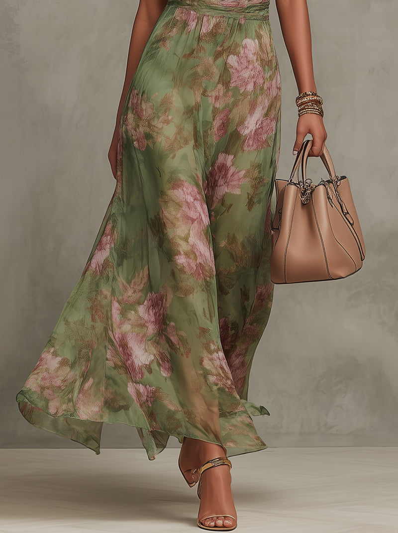 Serena™ Long Floral Green Chiffon Dress