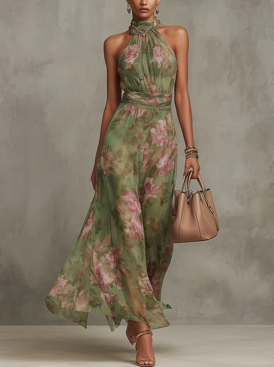 Serena™ Long Floral Green Chiffon Dress