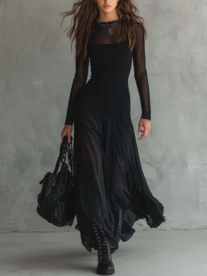Elena | Black Maxi Dress With Transparent Sleeves
