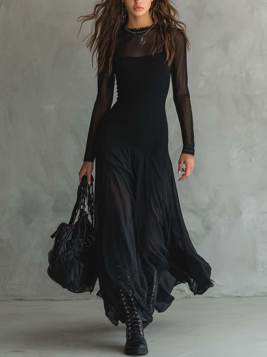 Elena | Black Maxi Dress With Transparent Sleeves