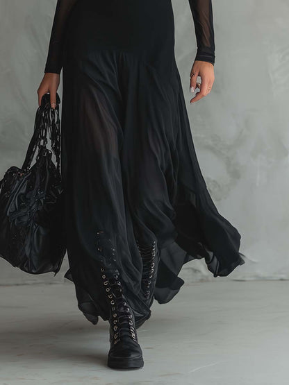 Elena | Black Maxi Dress With Transparent Sleeves