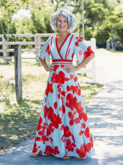 Ellis & Johnson™  | V Neck Short Sleeve Floral Maxi Dress