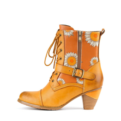 Golden Bloom Lace-Up Ankle Boots