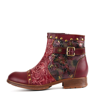 Crimson Rose Embossed Ankle Boots
