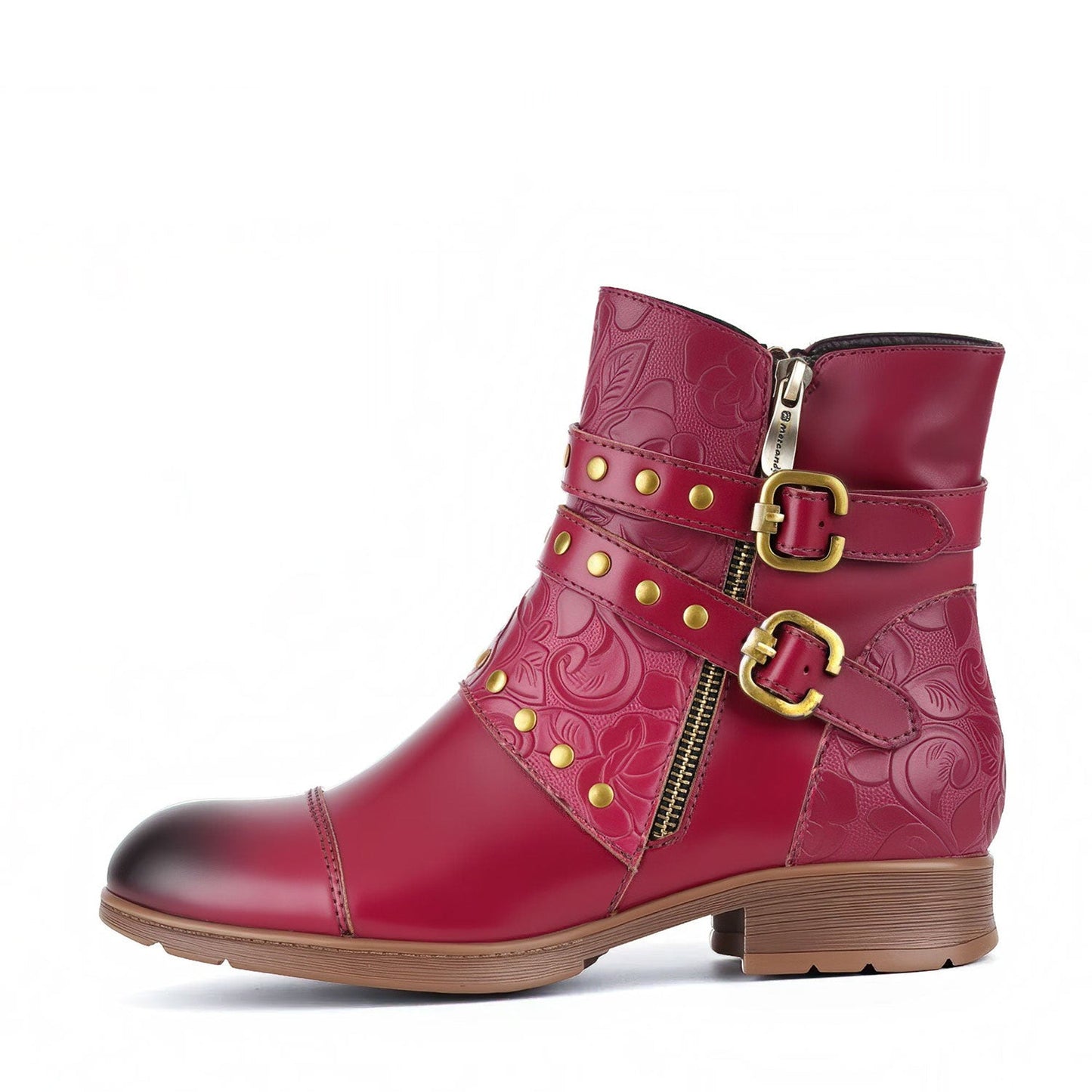 Embossed Buckle Strap Ankle Boots