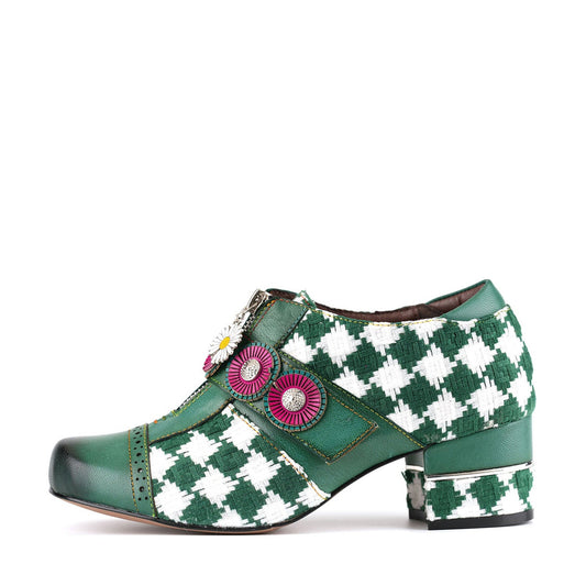 Enchanted Christmas Green Check Block Heels with Rosette Buttons & Easy Zip