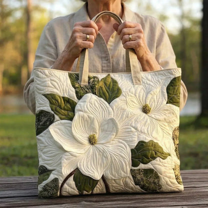 Artisanal Quilted Tote Bag - Elegant White Lilies