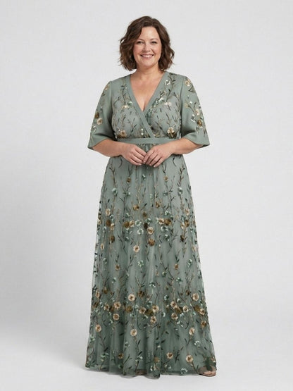 Ellis & Johnson™  | Floral V Neck Short Sleeve Maxi Dress