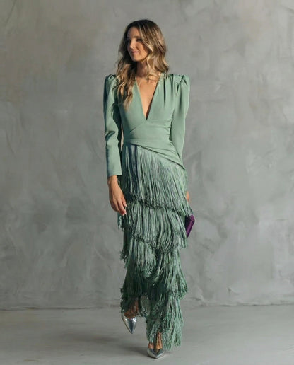 Clara | Fringe Sleeve Midi Dress