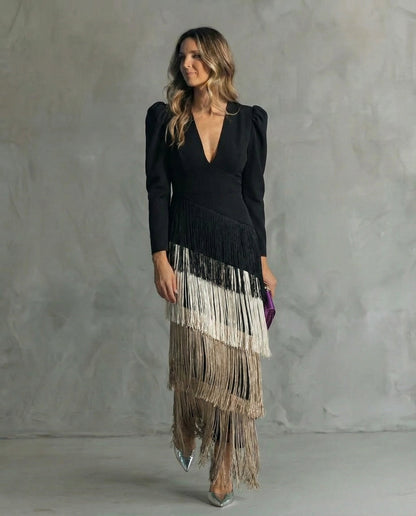 Clara | Fringe Sleeve Midi Dress