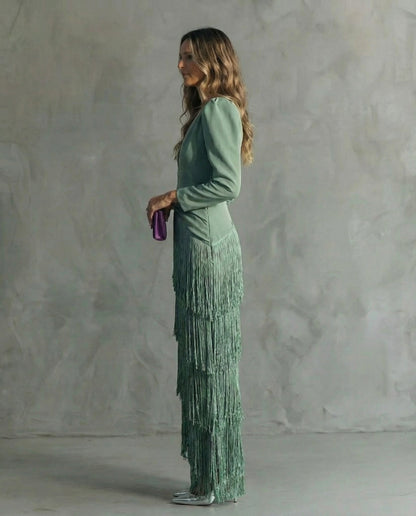 Clara | Fringe Sleeve Midi Dress