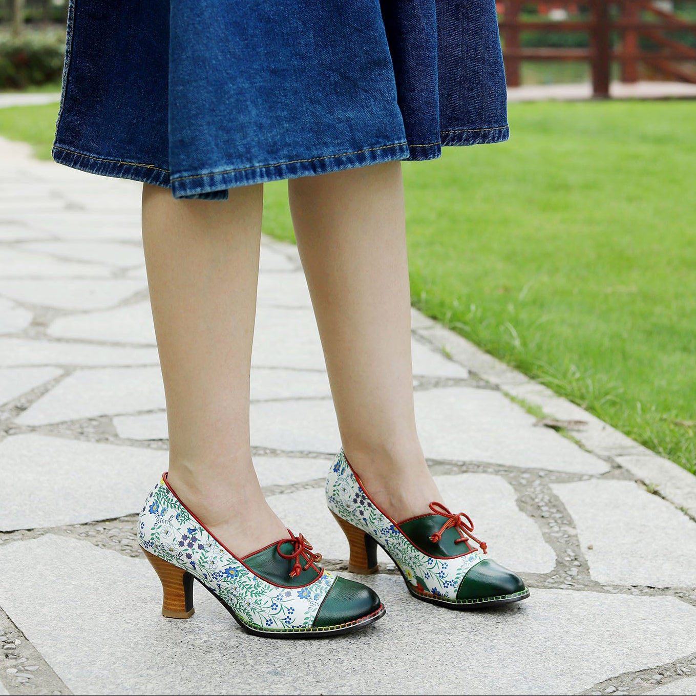 Vintage Hand-embossed Leather Low Heels