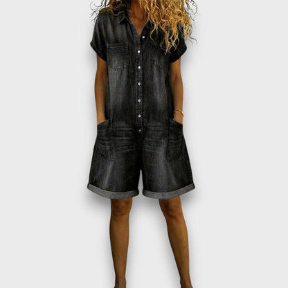 Joan™ | Salopette courte en coton effet denim