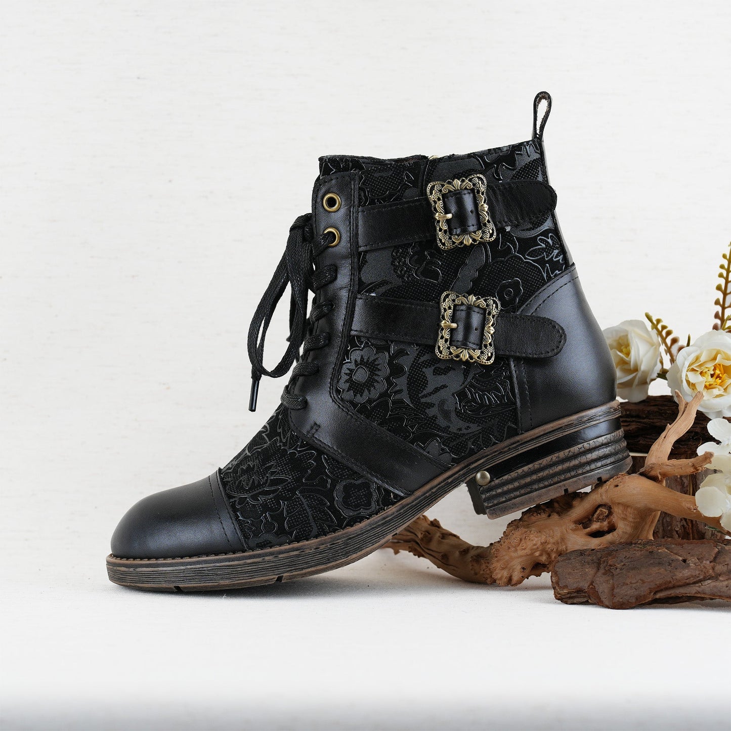 Timeless Grace Floral Lace-Up Flat Ankle Boots