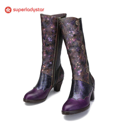 Warm Embossed Real Leather Button Boots